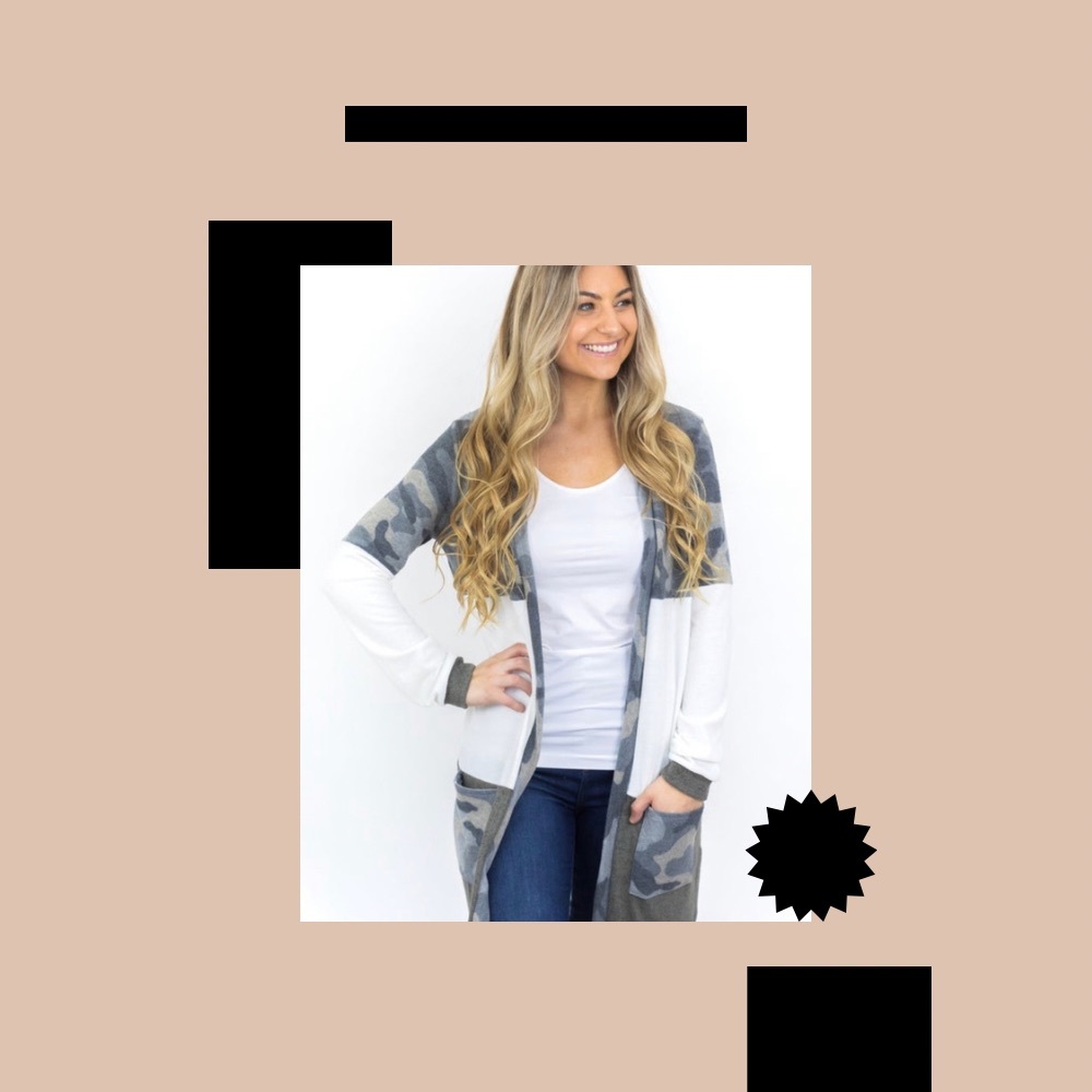 Down To Business Camo Cardigan in Cream and Olive